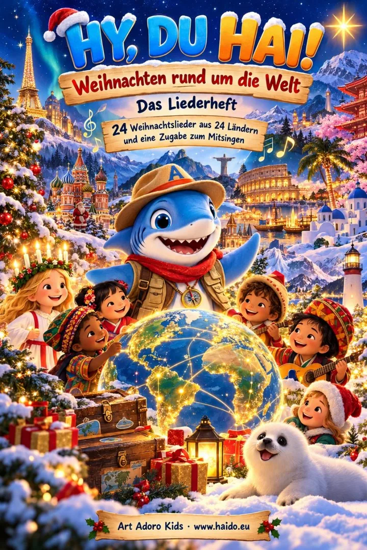HaiDo mit den Kindern und einer leuchtenden Weltkugel im Schnee