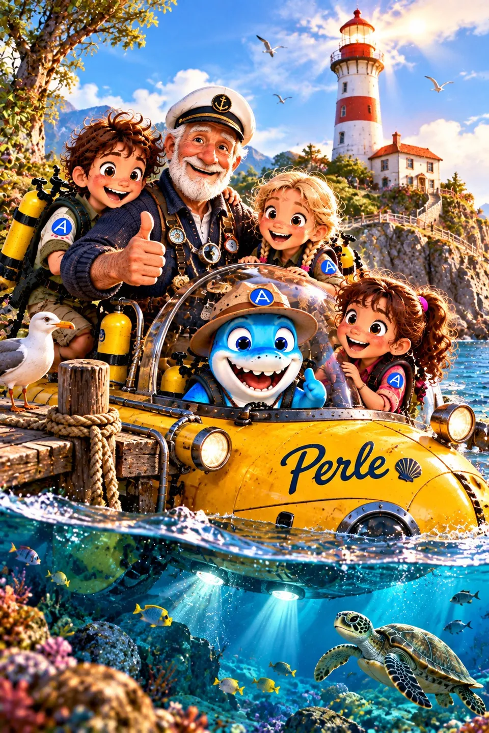 Opa Kuno mit Ben, Mila, Emma und HaiDo im gelben Tauchboot Perle vor dem Leuchtturm
