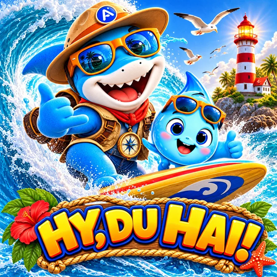 HaiDo surft mit Sonnenbrille auf einer Welle vor dem Leuchtturm