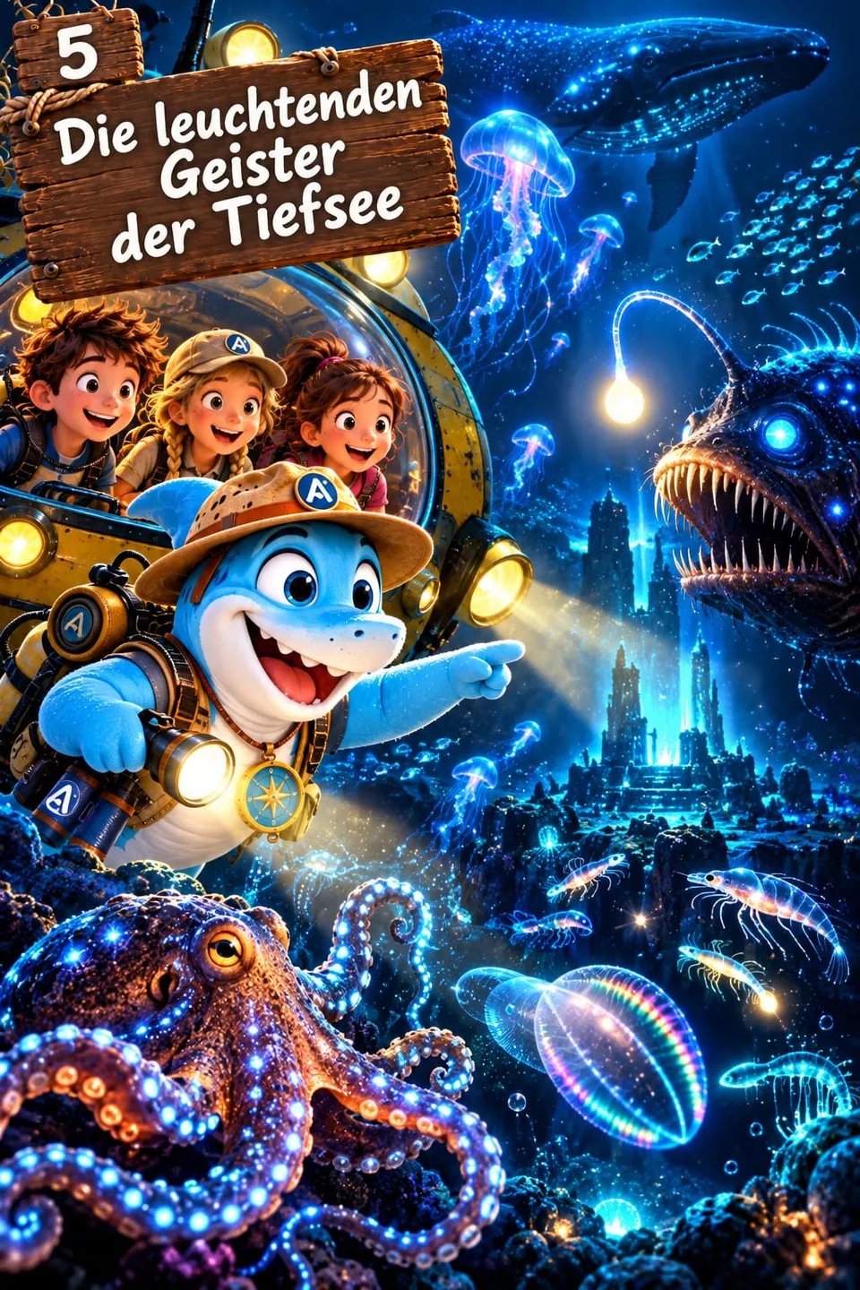 HaiDo und die Kinder im gelben Tauchboot Perle zwischen leuchtenden Quallen und einem Anglerfisch